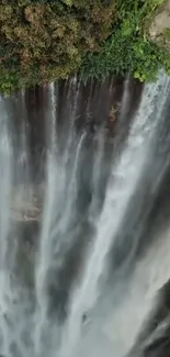 A stunning mobile wallpaper featuring a cascading waterfall with lush greenery.