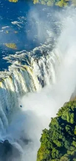 Majestic waterfall cascading into a lush, green valley.