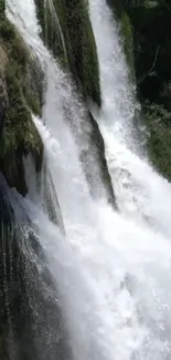 Cascading waterfall surrounded by greenery and rocks.