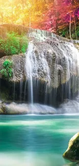 Serene waterfall with autumn colors and lush greenery.