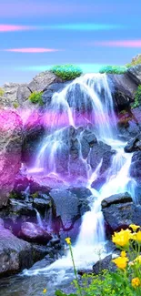 Picturesque waterfall surrounded by rocks and vibrant flowers against a blue sky.