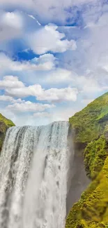 Cascading waterfall with blue sky and greenery on mobile wallpaper.