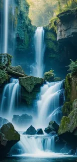 Beautiful waterfall cascading in a lush forest landscape wallpaper.