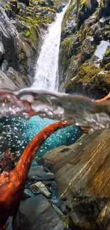 Majestic waterfall with turquoise pool in a rocky setting for mobile wallpaper.