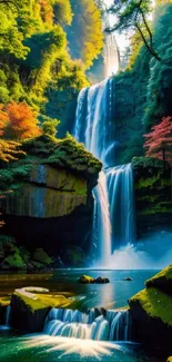 Waterfall with autumn leaves and lush greenery creating a serene scene.