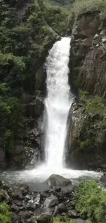 Waterfall cascading over rocks with lush green surroundings.