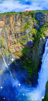 Majestic waterfall cascading down cliffs under a blue sky with stars.