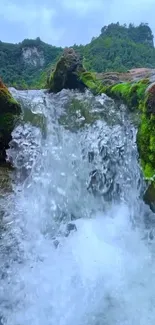 Waterfall over mossy rocks with green backdrop.