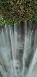 Aerial view of a stunning waterfall surrounded by lush greenery.