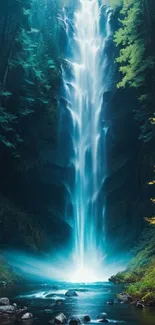 Beautiful waterfall in lush forest setting, vibrant and serene.