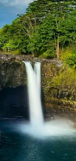 Stunning waterfall with lush greenery in a serene forest landscape.