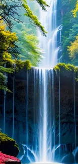 Vibrant waterfall with lush greenery cascading down rocky cliffs.