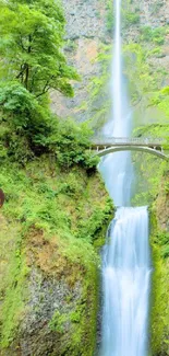 Beautiful waterfall with lush greenery and a scenic bridge.