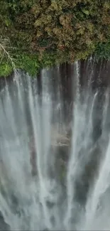 Aerial view of cascading waterfall with rich greenery.