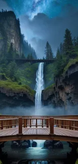 Majestic waterfall with night sky and bridge in serene nature setting.
