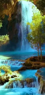 Scenic waterfall with turquoise water and lush greenery in the background.