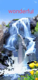 Dolphin jumping through a vibrant waterfall with flowers and greenery.