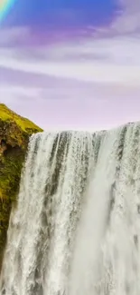 Majestic waterfall with rainbow in sky blue background.