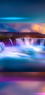 Vibrant turquoise waterfall with colorful sky, perfect for mobile wallpaper.