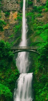 Waterfall with lush greenery and a bridge spanning the cascade.