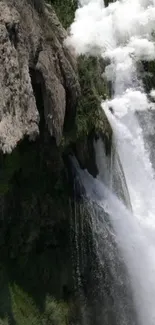 Majestic waterfall cascading over rugged rocks in serene nature setting.