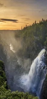 Scenic waterfall with sunset and forest.