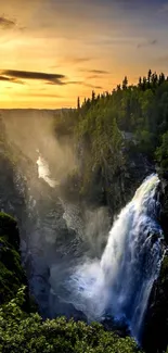 Breathtaking forest waterfall at sunset, lush greenery and colorful sky.