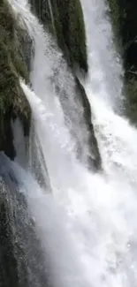 Cascading waterfall amidst lush greenery, perfect for mobile wallpaper.