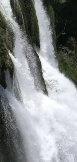 Cascading waterfall with lush greenery wallpaper.