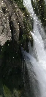 Beautiful waterfall with lush greenery and sparkling water droplets.