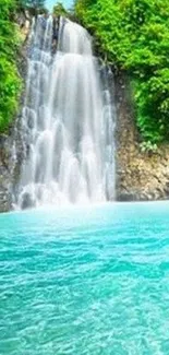 Beautiful waterfall cascading into a turquoise pool surrounded by lush greenery.