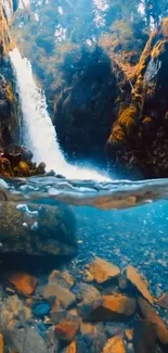 Half-submerged waterfall view with vibrant blue water and lush greenery.