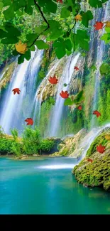 Waterfall surrounded by lush green foliage