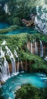 Eagle soaring over lush green waterfalls at Plitvice National Park.