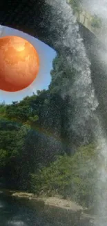 Waterfall with an orange planet under a bridge.