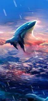 Majestic whale jumping in vibrant ocean art, perfect for phone wallpaper.