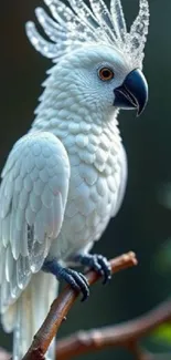 White cockatoo perched on a branch, vivid and detailed view.