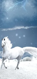 Stunning white horse under starry night sky with mystical blue hues.