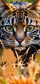 Close-up of a wild cat with vibrant eyes in natural surroundings.