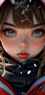 Anime girl in winter attire with snowflakes.