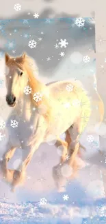 White horse in snowy winter landscape with falling snowflakes.