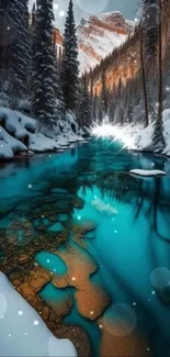 Stunning snowy landscape with teal river and mountain backdrop.