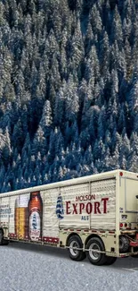 Molson Export truck on snowy road with pine forest background.