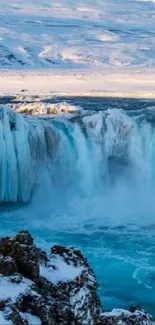 Frozen waterfall surrounded by snow and ice.