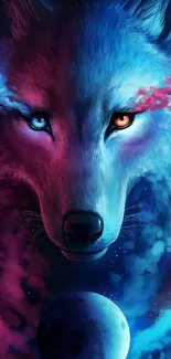 Vibrant wolf and moon digital artwork for mobile wallpaper.