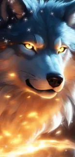 Majestic fantasy wolf with glowing eyes in a mystical setting.