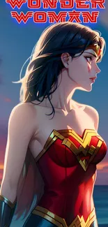 Wonder Woman artwork with vivid sunset background.