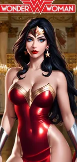 Wonder Woman in red costume mobile wallpaper.