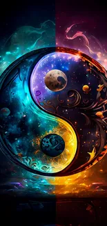 Galaxy-themed Yin Yang wallpaper with vibrant blue and orange hues.