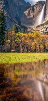 Yosemite waterfall and forest reflection mobile wallpaper.